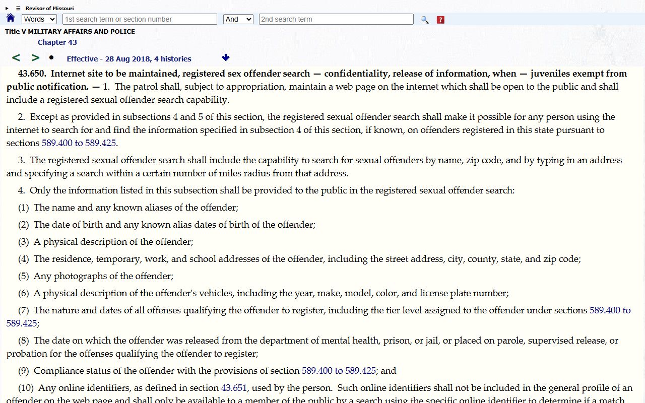 Nodaway County inmate search MSHP registry statute source