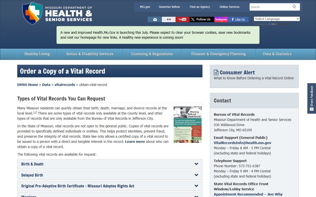 Nodaway County marriage and divorce records Missouri DHSS vital records page