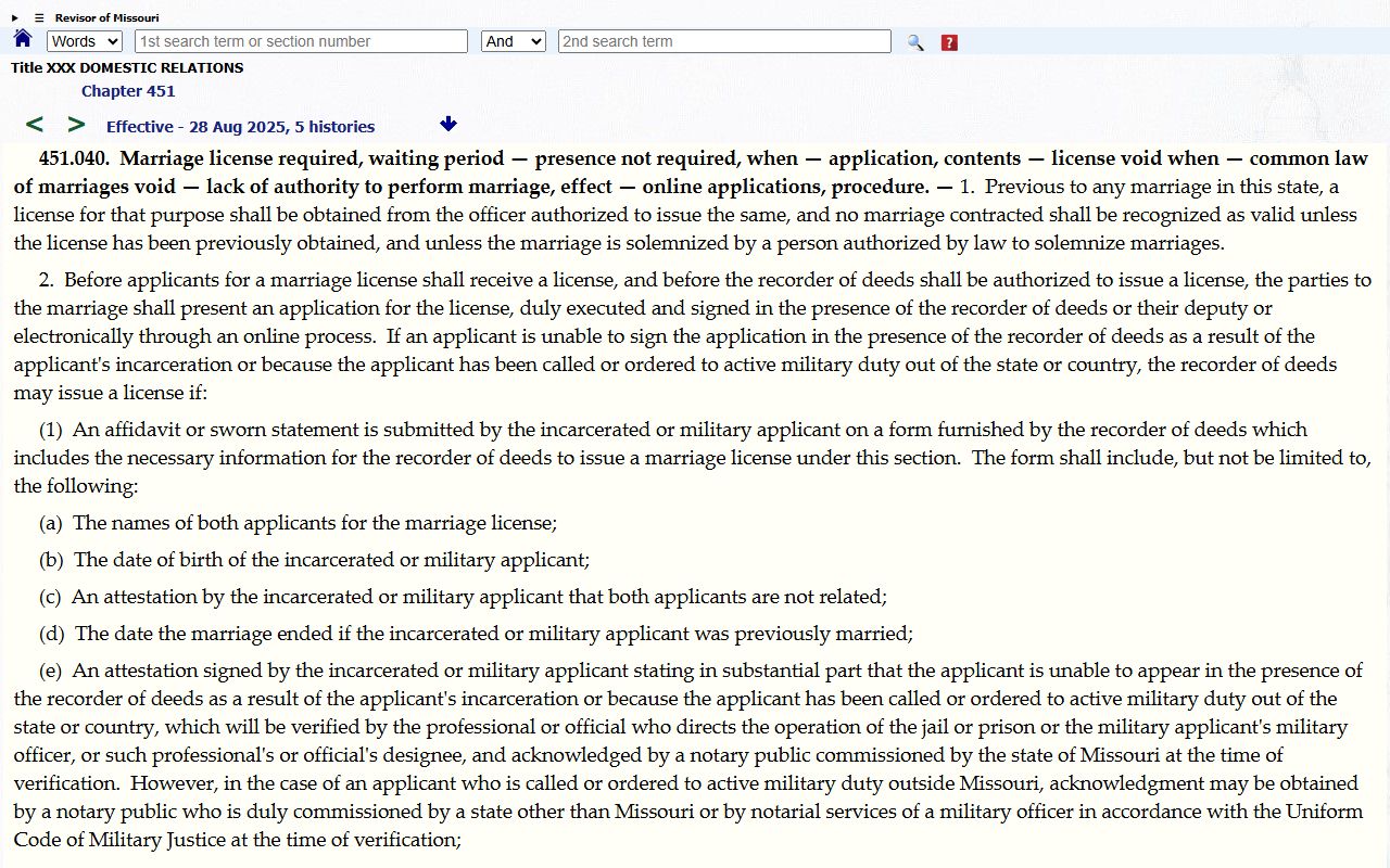 Nodaway County Circuit Clerk records Missouri marriage license statute