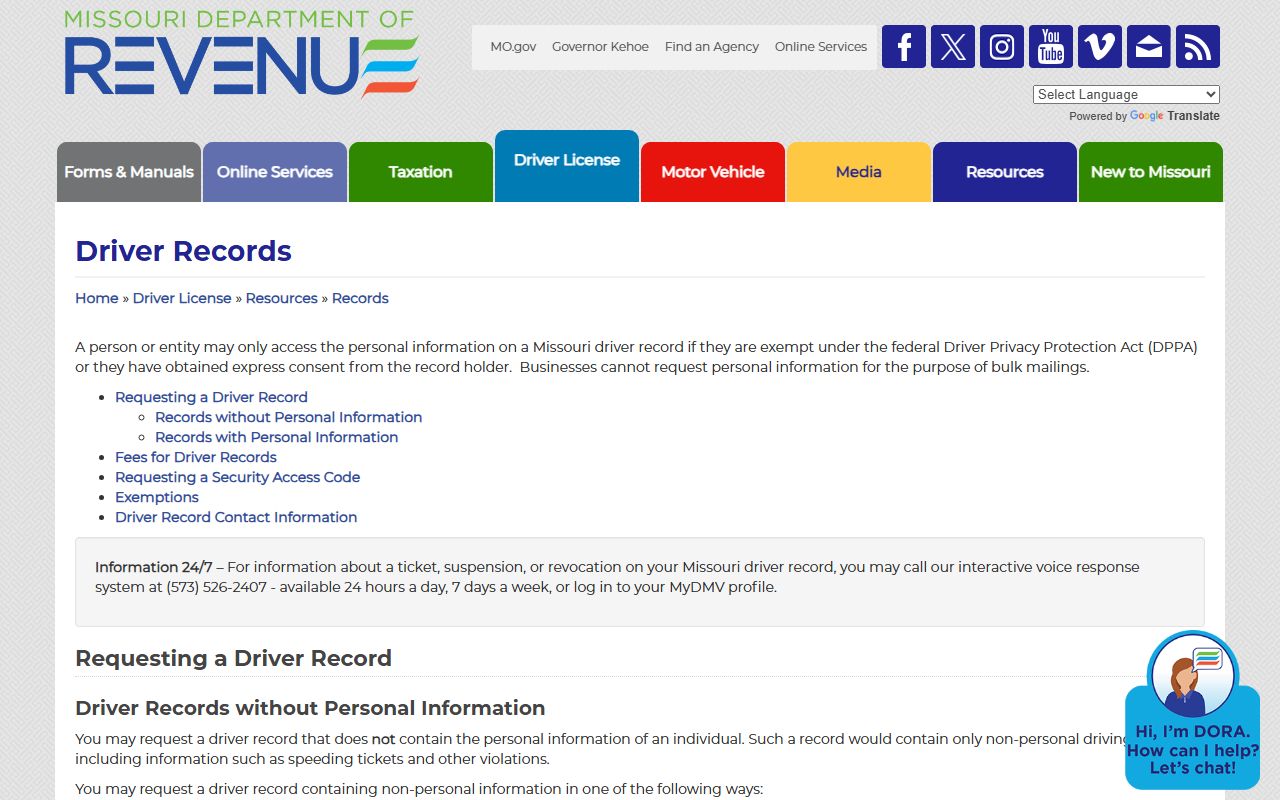 Nodaway County traffic court records Missouri DOR driver record request