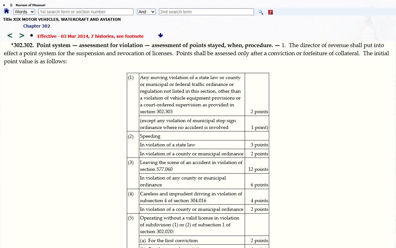 Nodaway County traffic court records Missouri point system statute